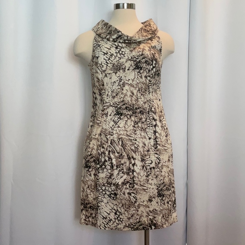 Ellen Tracy Cream Taupe Black Animal Print Collar Sheath Dress Women Size 10
